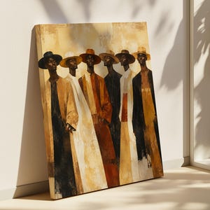 Könnte beinhalten: Ein rechteckiger Leinwanddruck mit einer Gruppe von sechs Figuren, die in einer Reihe stehen und alle breitkrempige Hüte sowie lange Mäntel in Braun-, Beige-, Creme- und Schwarztönen tragen. Das Kunstwerk zeigt einen texturierten Malstil.