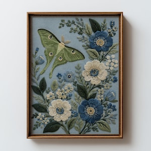 Green Moth Embroidered Blue Ivory Flowers Poster & Canvas QAN22