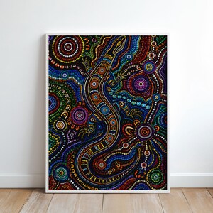 Könnte beinhalten: Ein rechteckiger Wandkunstdruck mit einem lebendigen Punktgemälde eines Eidechsenmotivs. Das Kunstwerk verwendet einen dunklen Hintergrund mit komplizierten Mustern aus bunten Punkten in Rot, Orange, Gelb, Grün, Blau und Violett, die konzentrische Kreise und fließende Linien bilden.