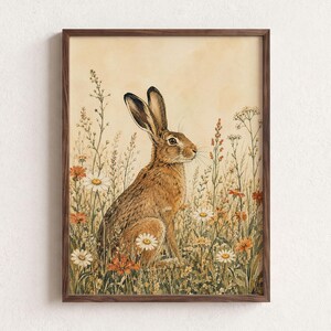 Könnte beinhalten: Ein gerahmter Kunstdruck, der einen braunen Hasen in einem Feld mit Wildblumen zeigt. Die Illustration zeigt einen detaillierten Hasen, umgeben von weißen Gänseblümchen und orangefarbenen Blüten vor einem warmen, hellbeigen Hintergrund.