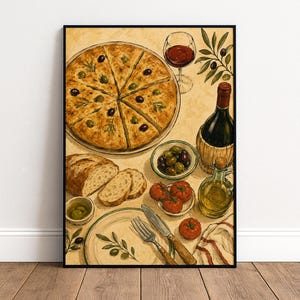 Può includere: Una stampa artistica incorniciata con un'illustrazione ad acquerello di un pasto mediterraneo. La scena include una focaccia a fette con olive, un bicchiere di vino rosso, una bottiglia di vino, una ciotola di olive, pomodori e olio d'oliva.