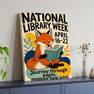 Könnte beinhalten: Ein rechteckiger Leinwanddruck mit einem Cartoon-Fuchs, der ein blaugrünes Buch liest. Der Text lautet NATIONAL LIBRARY WEEK APRIL 16-22 und Journey through pages, explore new ages. Der Hintergrund zeigt abstrakte gelbe, blaue und grüne Formen.