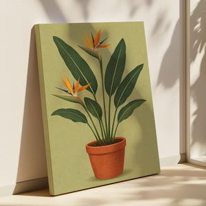 Könnte beinhalten: Ein rechteckiger Leinwanddruck mit einer botanischen Illustration einer Paradiesvogelblume mit zwei orangefarbenen und blauen Blüten und dunkelgrünen Blättern, gepflanzt in einem terrakottafarbenen Topf vor einem hellolivgrünen Hintergrund.