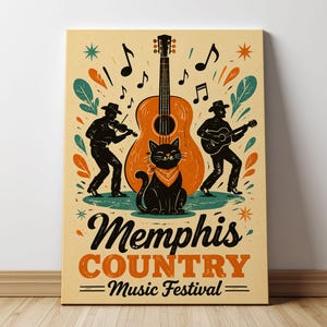 Könnte beinhalten: Ein Poster mit einer großen orangefarbenen Akustikgitarre, einer schwarzen Katze mit Halstuch und zwei Musikern, die Geige und Gitarre spielen. Der Text lautet Memphis COUNTRY Music Festival, umgeben von Musiknoten und bunten Blattmotiven.