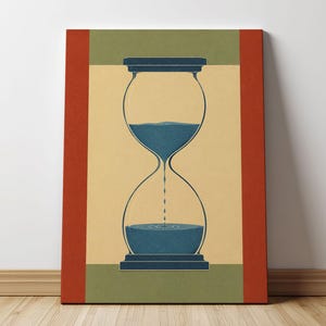 May include: A rectangular wall art print featuring a stylized hourglass with blue liquid dripping from the top bulb to the bottom bulb. The design is set against a cream background, framed by olive green horizontal bands and vertical red borders.