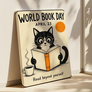 May include: A rectangular wall art print featuring a black and white cat wearing round glasses, reading an open book. The text reads WORLD BOOK DAY APRIL 23 and Read beyond yourself. An orange sun and a steaming cup of coffee are also illustrated.