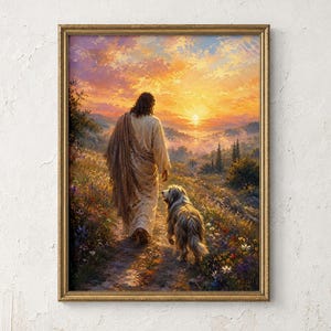 Könnte beinhalten: Ein gerahmter Kunstdruck, der eine Figur mit langem dunklem Haar in einem hellen Gewand und einem braunen Umhang zeigt, die auf einem Feldweg durch ein Feld mit bunten Wildblumen neben einem langhaarigen Hund in Richtung Sonnenuntergang geht.