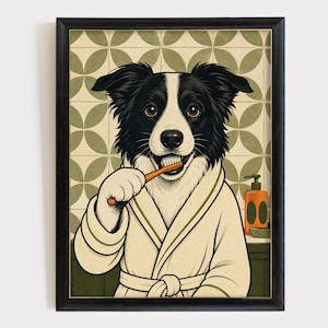 Könnte beinhalten: Ein gerahmter Kunstdruck, der einen schwarz-weißen Border Collie in einem cremefarbenen Bademantel zeigt, der sich mit einer orangefarbenen Zahnbürste die Zähne putzt. Der Hintergrund zeigt ein hellgrünes, cremefarbenes Fliesenmuster und eine orange Seifenflasche.
