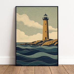 Beacon Tower Ocean Waves Screen Print Poster & Canvas QQSUE
