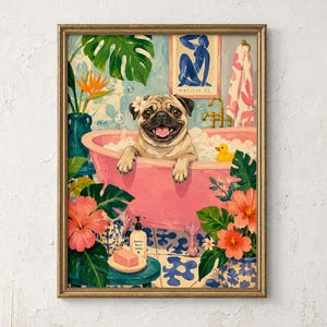 May include: A framed wall art print featuring a tan pug sitting in a pink clawfoot bathtub filled with bubbles. The scene includes a yellow rubber duck, tropical plants, hibiscus flowers, a blue and white patterned vase, and a Matisse 52 poster.