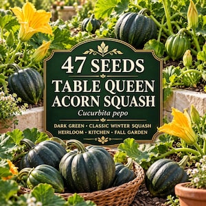 May include: A packet of 47 Table Queen Acorn Squash seeds, Cucurbita pepo, featuring text on a dark green background. The image shows dark green acorn squash in a woven basket and growing on vines with yellow flowers in a garden setting.