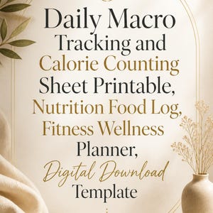 以下が含まれることがあります： デジタルダウンロードテンプレート。テキスト：Daily Macro Tracking and Calorie Counting Sheet Printable, Nutrition Food Log, Fitness Wellness Planner, Digital Download Template。ゴールドの楕円形のフレームとラインアートのデザインが含まれています。