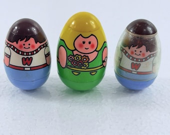 Vintage Hasbro Weeble Wobble 1973 Boy With Slingshot (2) & Girl With Flowers