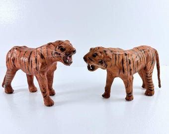 Vintage Handcrafted Leather Tiger Figurines Roaring Big Cats Sculptures Set of 2