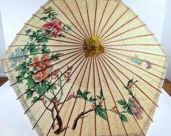Vintage Asian Paper Parasol Umbrella Bamboo Hand Painted Large Mid Century Decor
