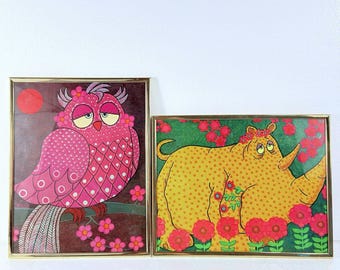 VTG Hector Herrera Cruz Grumpy Owl & Rhinoceros Folk Art Prints W/ Frames MCM