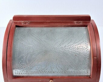 Vintage Wood Bread Box Countertop Pie Safe Punched Tin Door Farmhouse Primitive