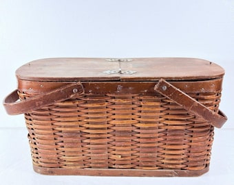 Antique Hawkeye Wooden Wicker Refrigerator Picnic Basket with Tin Insert Vintage