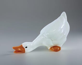 Vintage White Ceramic Goose Figurine Bending Over Duck Statue Cottagcore 80s