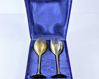 Vintage Brass Wine Goblets Pair Blue Velvet Case Made In India Chalice Set of 2