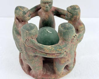 Vintage Mexican Clay Circle Of Friends Candle Holder 5 Figure Terracotta Heavy