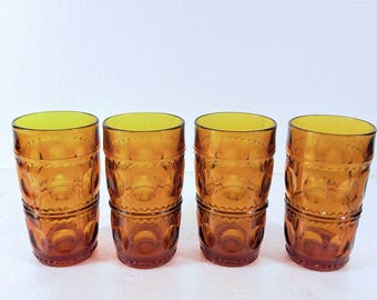 Vintage Indiana Glass King's Crown Thumbprint Set of 4 Glass Tumblers MCM Retro