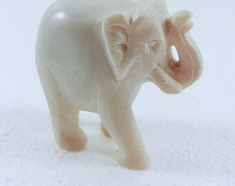 Vintage White Elephant Alabaster Stone Figurine With Tusks Trunk Up Hand Carved