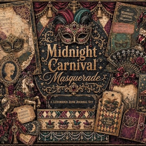 May include: A Midnight Carnival Masquerade junk journal set featuring ornate gold-framed masks, vintage-style admission tickets, a carousel horse, a jester figure, a folding fan, and decorative paper elements with deep red, gold, and black color palettes.