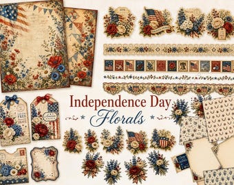 4th of July Junk Journal Kit, Vintage Independence Day Printable Scrapbook Papers, Patriotic Americana Red, White and Blue Floral Ephemera