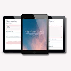 May include: Three tablets displaying digital planning pages. The center screen shows a blue and pink sky background with the text 'the first draft, everything you need to plan and write your novel.' The side screens show forms with the headers 'the premise' and 'storm'.