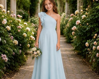 Abito da damigella d'onore monospalla in chiffon per bambina / Abito da sposa formale con volant / Abito lungo a trapezio a vita alta / Abito da damigella d'onore junior
