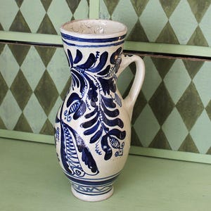 Vintage Austrian Majolica Vase – Hand-Painted Cobalt Blue Folk Art Pitcher