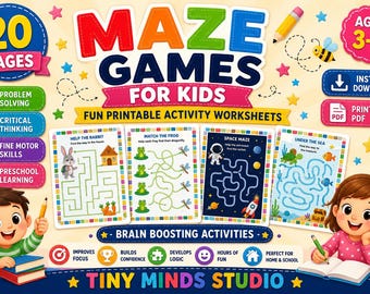 Puede incluir: Un conjunto de actividades digitales titulado Maze Games for Kids que incluye 20 páginas de hojas de trabajo imprimibles. El diseño colorido presenta cuatro ejemplos de laberintos con temas del espacio y el mar, junto a iconos educativos.