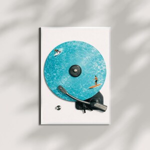 Vinylskiva Poolposter, musikälskare väggkonst, retro pooltryck, skivspelaredekor, sommarväggkonst, strandhusdekor, DJ-present