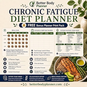 Peut inclure: Un planificateur de régime pour la fatigue chronique avec une grille de repas, un suivi des symptômes et un guide alimentaire. La mise en page comprend du texte, des icônes et une photographie d'un plat de saumon, asperges et quinoa.