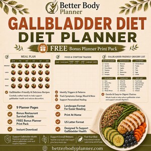 May include: A Better Body Planner Gallbladder Diet Planner featuring a meal plan, food and symptom tracker, and a gallbladder-friendly grocery list. The document includes text about a free bonus print pack and a photo of a healthy meal.