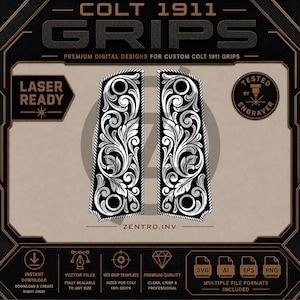 May include: A digital design template for Colt 1911 grips featuring intricate black and white scrollwork patterns. The graphic includes text labels such as COLT 1911 GRIPS, LASER READY, and TESTED BY ENGRAVER, along with icons for SVG, AI, EPS, and PNG file formats.