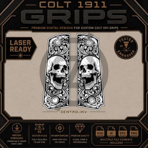 May include: A digital design file for Colt 1911 grips featuring a black and white graphic of two skulls surrounded by intricate scrollwork and wolf motifs. The image includes text labels such as COLT 1911 GRIPS, LASER READY, TESTED BY ENGRAVER, and ZENTRO.INV.