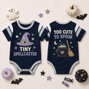 Tiny Spellcaster Baby Bodysuit, Too Cute to Spook Halloween Outfit, Witch Baby Clothes, Spooky Season Infant Gift