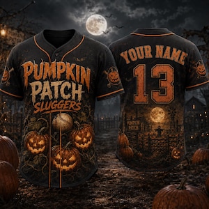Pumpkin Patch Sluggers Jersey, Custom Name Number Shirt, Halloween Baseball Top, Jack O Lantern Game Day Outfit, Fall Sports Gift