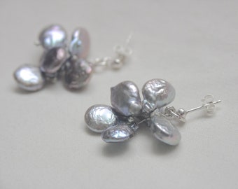 Grey pearl earrings ear dangle silvergrey thread earring gray pearls silver coin pearls freshwater pearls earring dangle grey pearl set