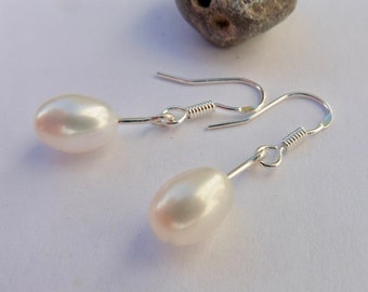 Pearl earrings white 7 mm drop shape, 925 silver hook, wedding jewelry