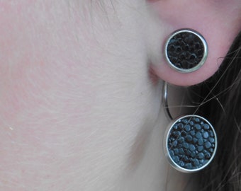 Boucles d'oreilles doubles en cuir de galuchat, cool et stylées en noir, turquoise ou rouge