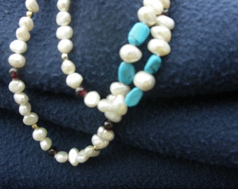 Necklace real pearls turquoise garnet colorful cheerful blue white red gold medium length sweater necklace