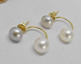 Double stud earrings two pearls white gray 6.5-9 mm