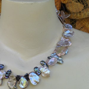 Exclusive necklace of large natural Keshi pearls up to 30 mm, summer party, shiny metallic image 10