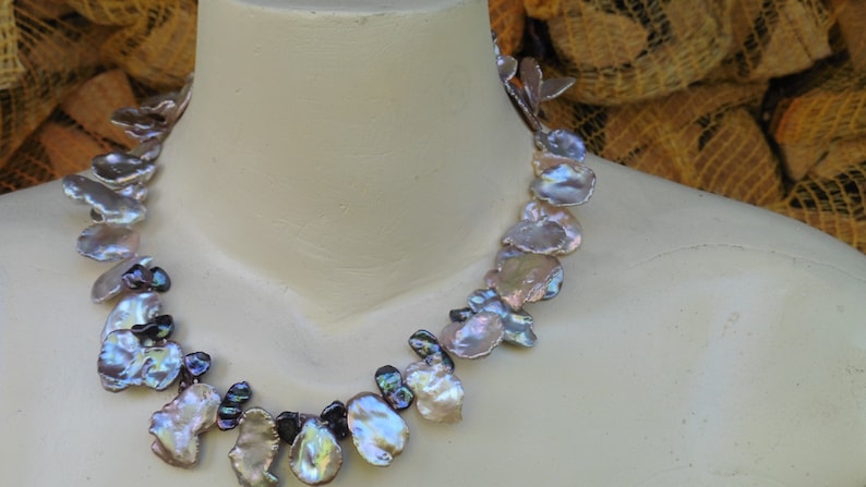 Exclusive necklace of large natural Keshi pearls up to 30 mm, summer party, shiny metallic image 10