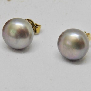 Pearl stud earrings 6 mm gray real freshwater pearls slightly flattened image 1