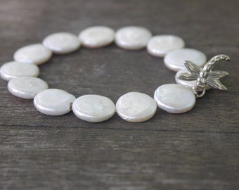 coin pearl bracelet white elastic festive