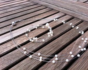 Pearl jewelry set for wedding,floating pearls on necklace 3 strands and on jewelry memory wire pearls bracelet